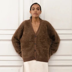 TENGYU Custom Alpaca Chunky Knit Cardigan Women Brown Coat Cashmere Oversize Fuzzy Mohair Sweaters