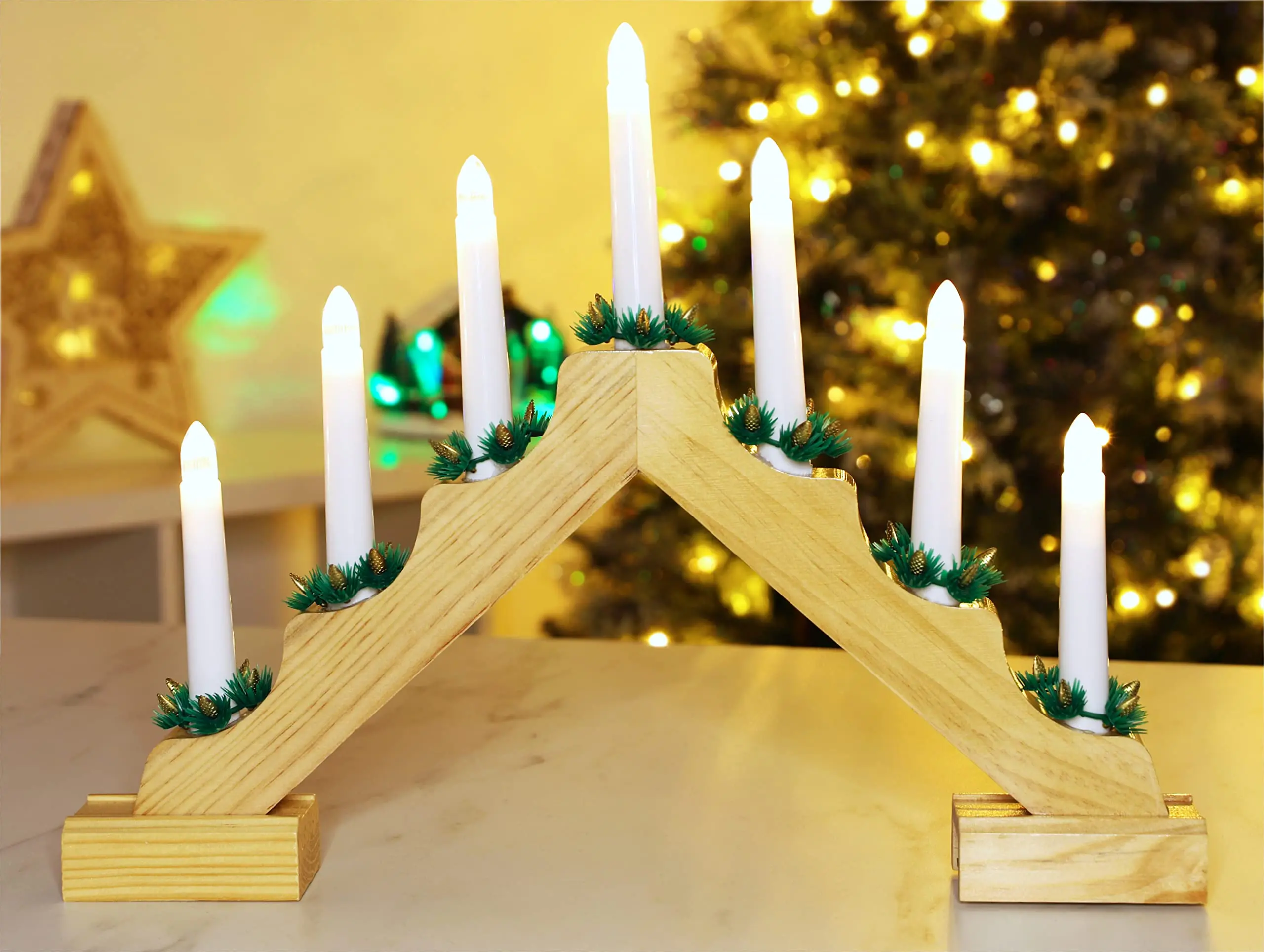 Battery Operated Low Voltage And Energy Efficient Christmas Wooden Candle Bridge with Warm White LED Lights