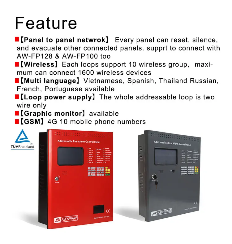 TUV Approved Asenware Addressable Fire Alarm Panel 4G GSM/Panel Network For Shopping mall/School/Hospital Use