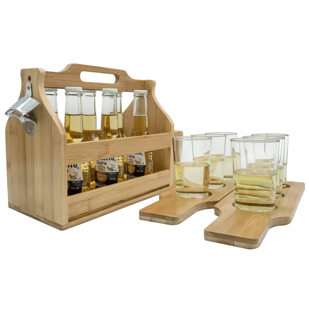 Bamboo Beer Drink Holder Bottle Caddy with Opener & Sampler Boards Beer Cup Serving Tray with Handle 6 Bottle Carrier Beer Caddy