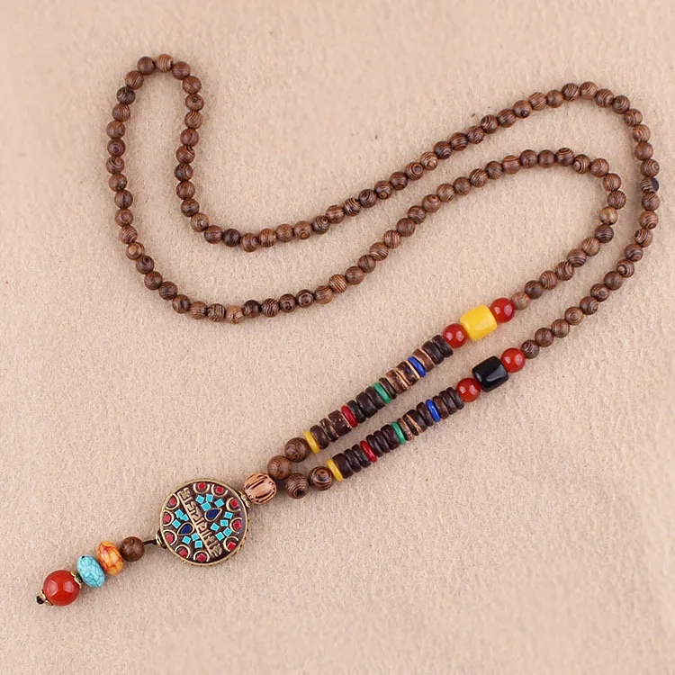 PUSHI nepal Vintage Ancient Natural Stone pendant geometrical wooden beads necklace jewelry bohemian long necklaces