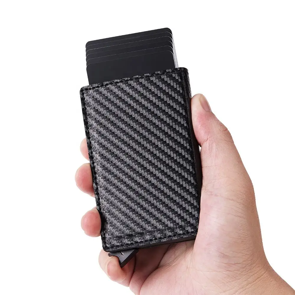 Hot Selling Custom RFID Blocking Popup Wallet Automatic Carbon Fiber Simple Business Card Holder with Zipper for Men and Women