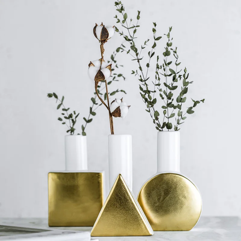 Nordic Light Luxury Golden Geometric Vase Modern Stylish Household Home Deco Ceramic Crafts