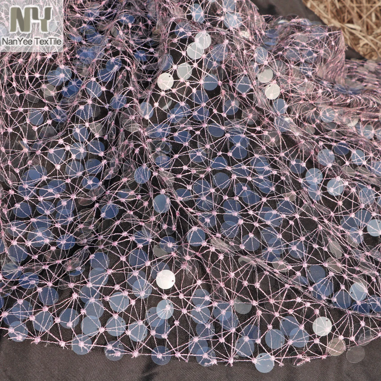 Nanyee Textile Pink Lurex Spider Net Starburst Embroidery Mesh 18MM Transparent Sequins