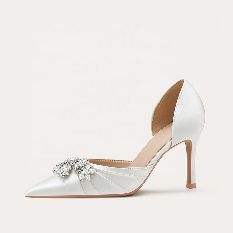 2024 white Silk and satin Elegant Rhinestone decoration sandals for women and ladies high heels slippers wedding shoes for bride