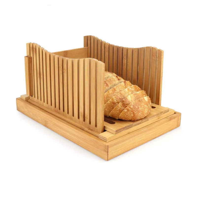 Foldable Adjustable Bamboo Wood Cutting Board bread loaf cutter slicer slicing guide with Crumb Tray for homemade baking