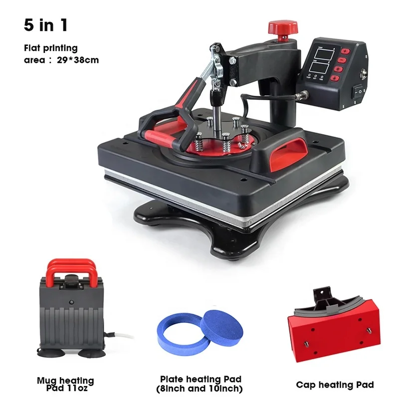 Heat Press Machine Upgraded Heat Transfer Machine T-shirt Mug Hat Sublimation Printing Machine Iron Multifunctional 8 in 1 Black