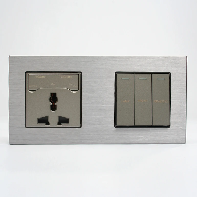 16A silver gray button wall switch, 2-gang modular usb socket switch,