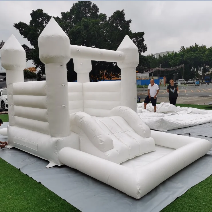 Outdoor commercial inflatable white bounce house combo with ball pit and slide inflatable castle water slide pool