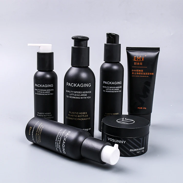 Wholesale matte black acrylic PET pump sample bottle 100ml-300ml cosmetic packaging