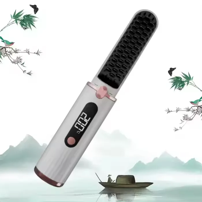 2 In 1 Cordless Portable Straightening Brush 30s Fast Heating Electric Comb Hair Straightening Lcd Display For Smooth
