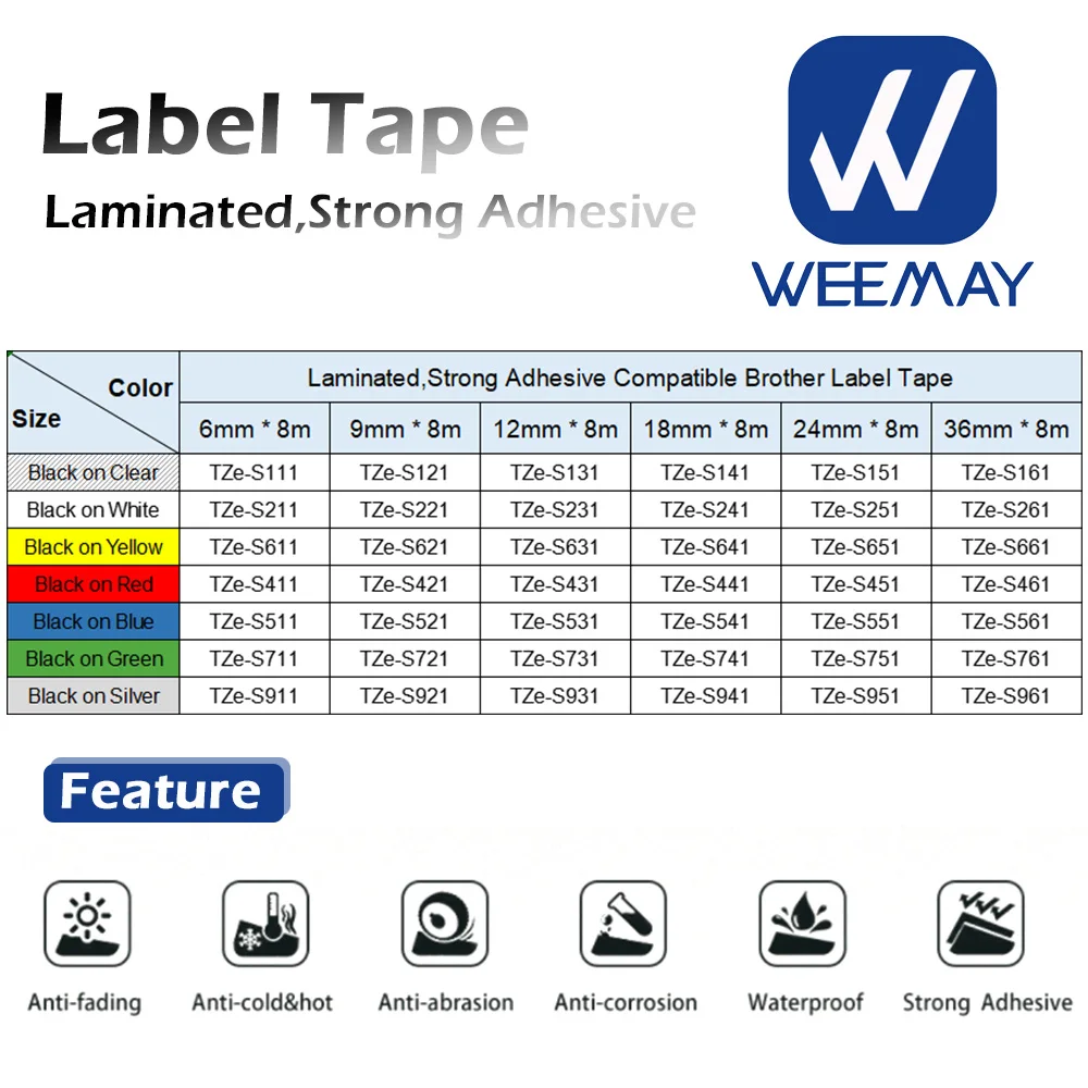 Weemay Black on White 18mm Laminated Strong Adhesive Label Tape  Compatible Tze-s241 Tzes241 Printer Ribbon for Brother Printer
