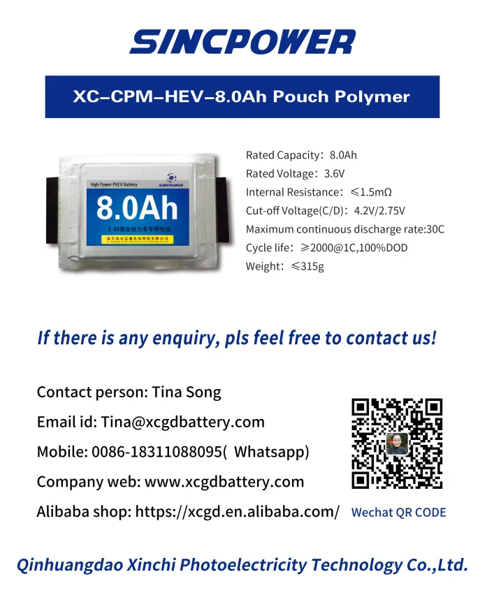 Hev Lithium battery High Discharge Rate Deep Cycle NMC Lithium Pouch Battery Cell 3.6V 8Ah