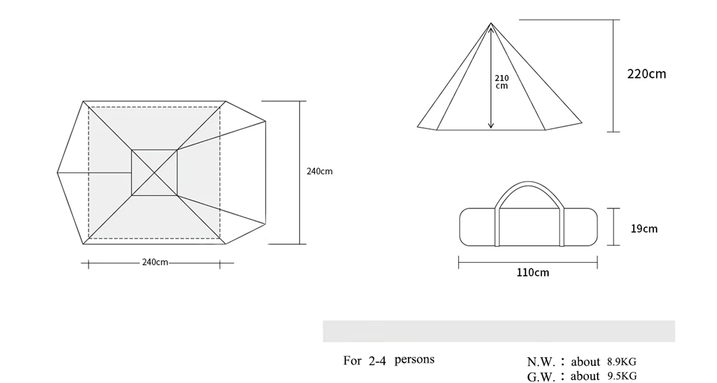 Outdoor Pyramid Bell Indian Teepee Tent Hexagonal Pyramid Tent For 3-4 Man