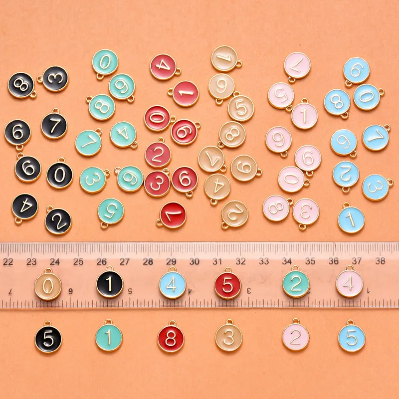 Wholesale Alloy Enamel Number Charms Flat Round 0-9 Number Pendants for DIY Jewelry Making