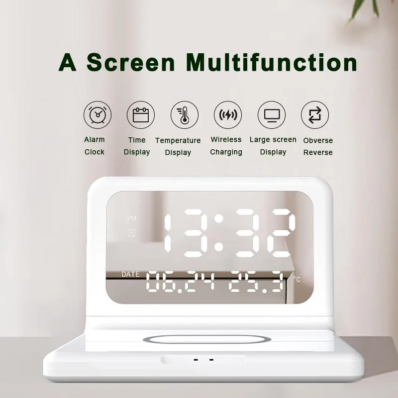 Беспроводное зарядное устройство со светодиодным зеркальным цифровым будильником, Самые продаваемые настольные часы с пользовательским логотипом 15 Вт, отображение месячных и дней, современный ABS