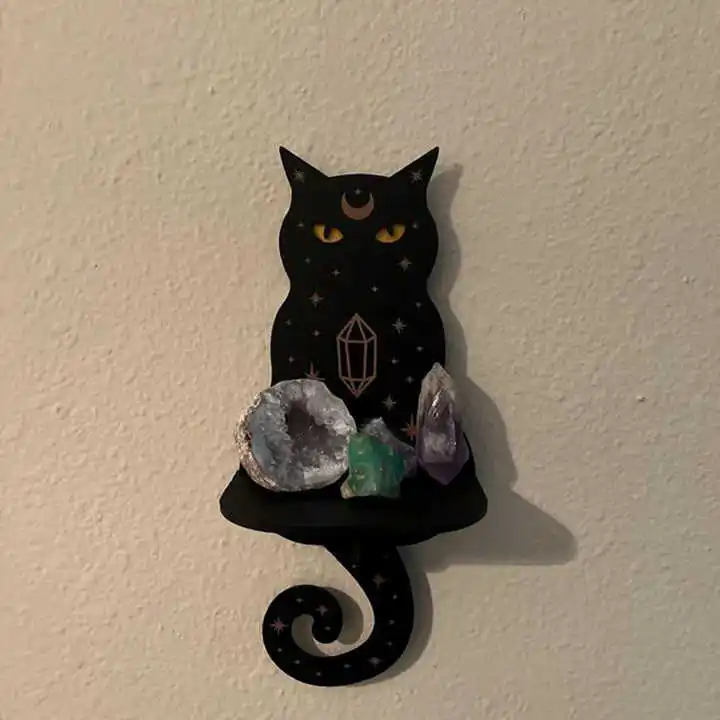 Wall Decorative Shelving Ornaments Holder Moon phase and Cat Shape Decor Crystal Display Shelf Altar Witch Pendulum Stand
