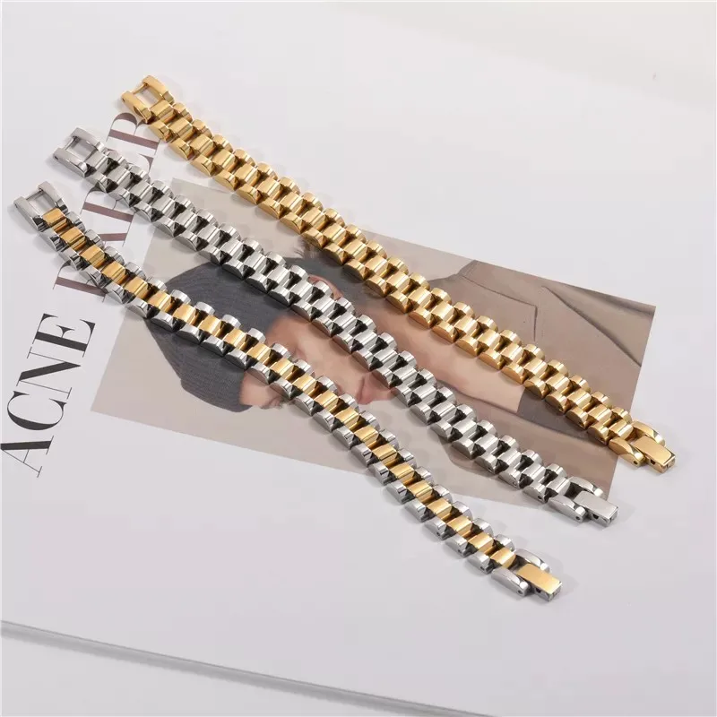 Customize Stainless Steel Watch Band Bracelet 18K Gold Chain Bracelets for Women Men Vintage Punk Jewelry
