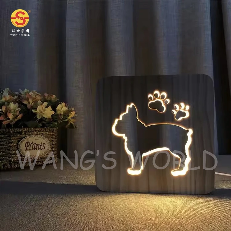 Kids Baby Holiday Gift Novelty Dog Design Wooden Carved Lamp 3D Creative LED USB Power Night Light