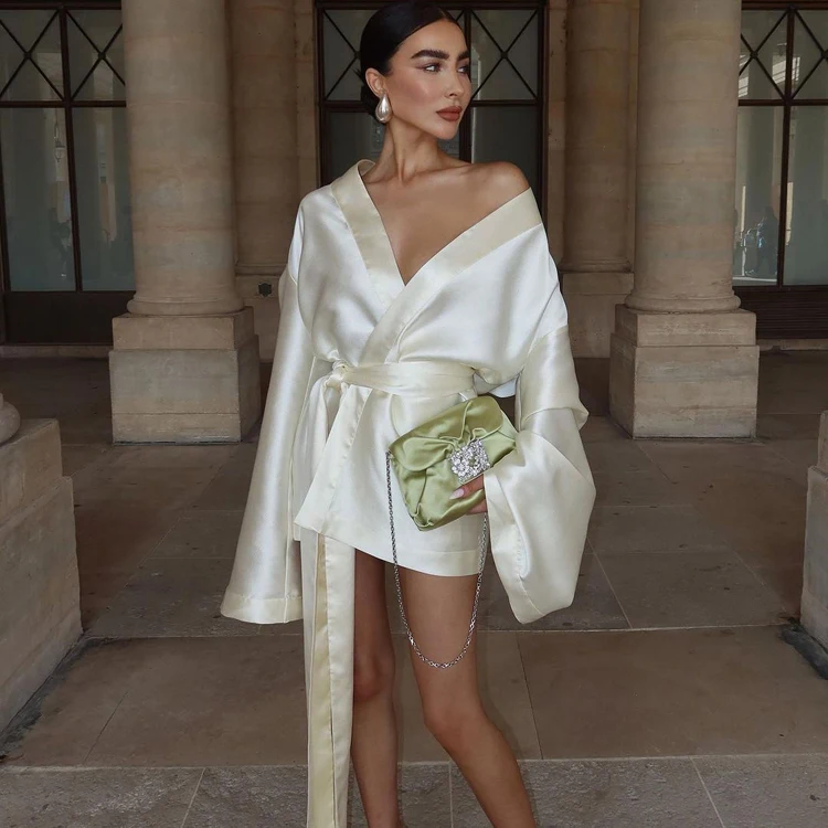 Fashion Loose Drop Shoulder Beige V Neck Long Sleeve 2024 Mini Short Wrap Dress Women Elegant Ladies Satin Evening Gown Dresses