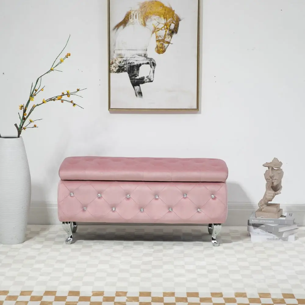 Manufacturer Custom Luxurious Pink Velvet Storage Side Opening Door Ottoman Bench