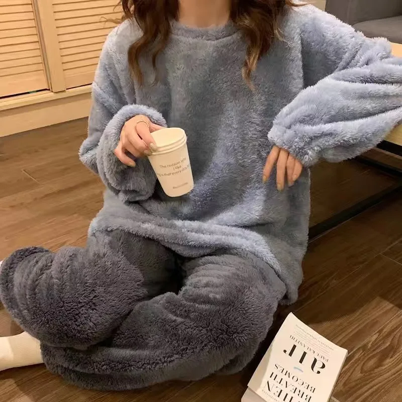 Flannel Women Sleepwear Pajamas 2 Pieces Set Pyjamas Winter Padded Velvet Thermal Pijamas Set For Women
