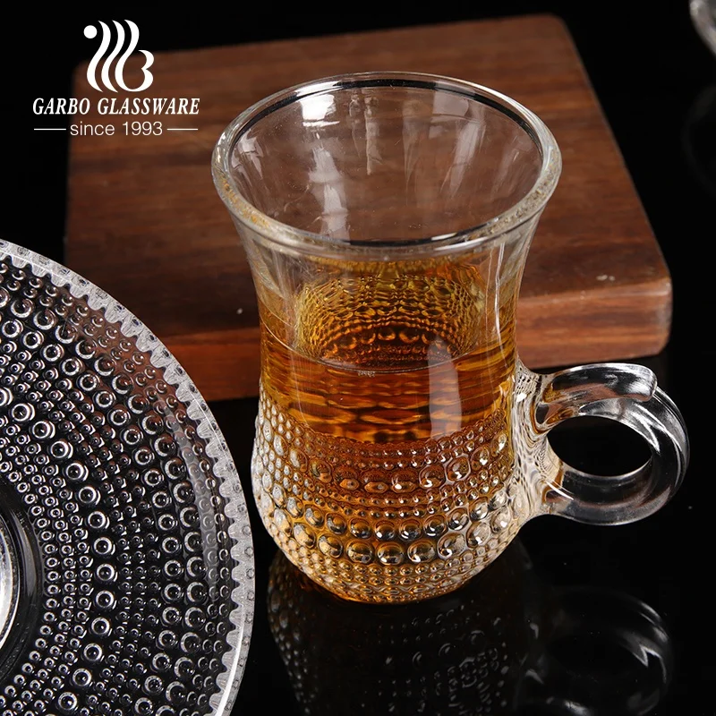 Engraved mix group mold tea glass cup coffee glasses with saucer drinking glassware tumbler with plate set home tea cups