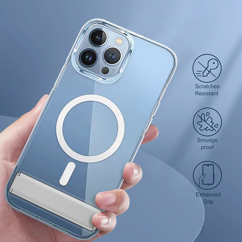 Wholesale transparent magnetic wireless charging case with aluminum stand clear shockproof magsafe cover for iPhone 14 pro max