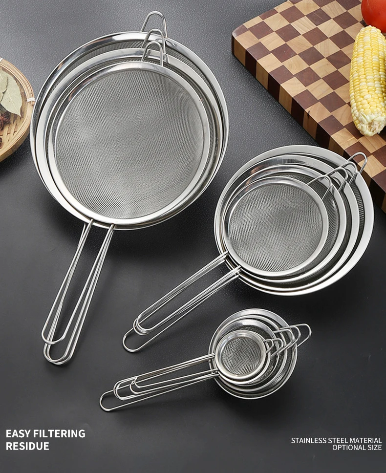 Food Grade Stainless Steel Mesh Strainer/Set of 3 Kitchen Sieves/Strainer Wire Mesh Basket Strainer Colander Silicone Handle