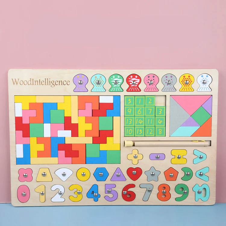 BDJ Digital 5 in 1 Matching Puzzle Early Learning Logarithmic board Colorful Wooden Tangram Brain