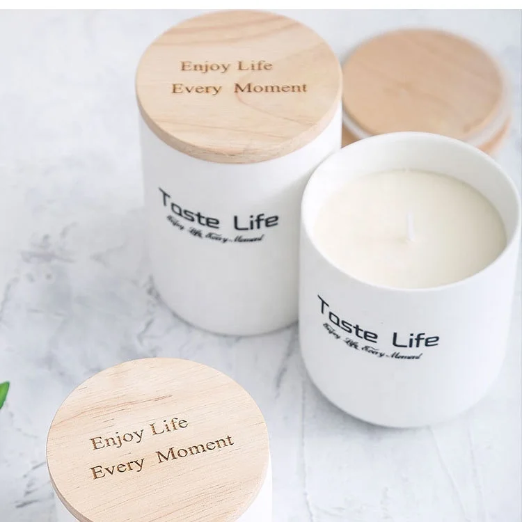 8oz frosted ceramic white candle jar with wooden lid