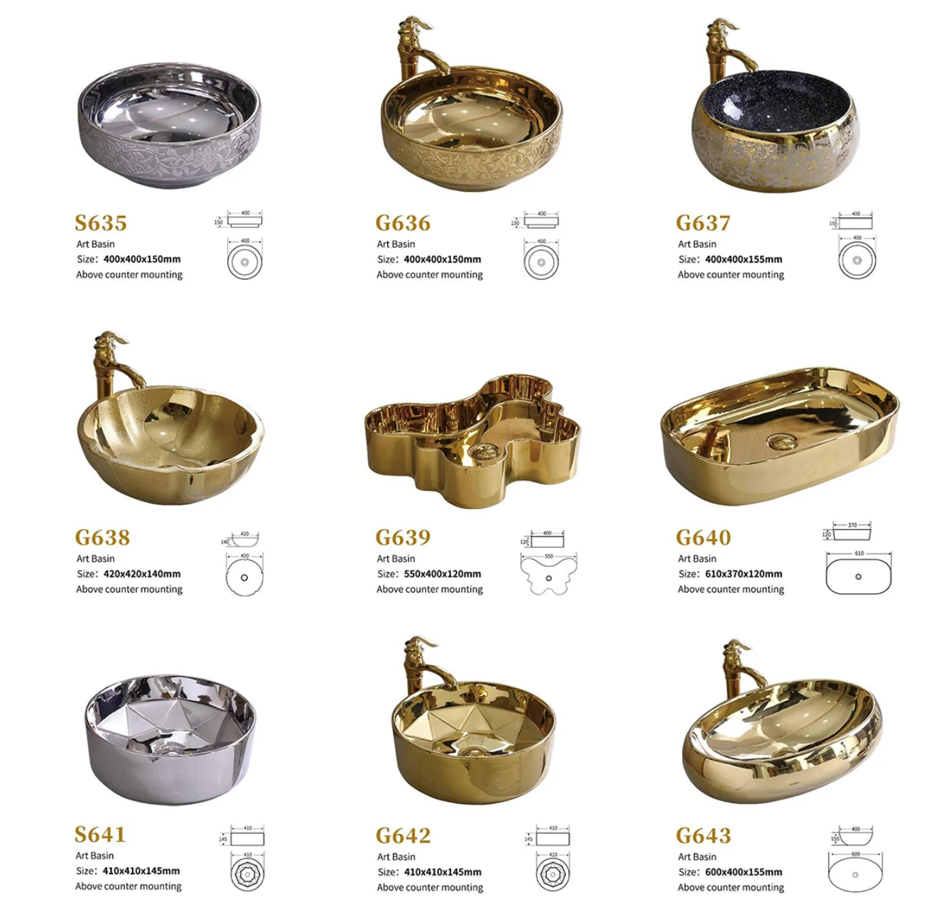 Golden Flower Electroplating Bathroom sink Wash Hand Basin oval shape counter top art basin sink
