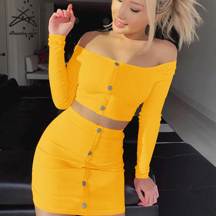 Spring Casual Two Pieces Set Button Off Shoulder Button Bodycon Skinny Crop Tops T-shirts Women Sexy Mini Skirts Set
