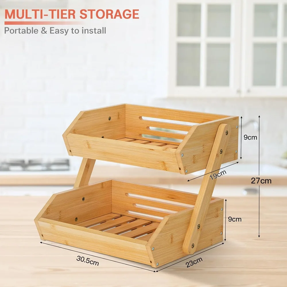Large Bamboo Fruit Basket 2-Tier Fruit stand storage holder  fruit bowl for Kitchen Counter Kitchen Countertop Organizer