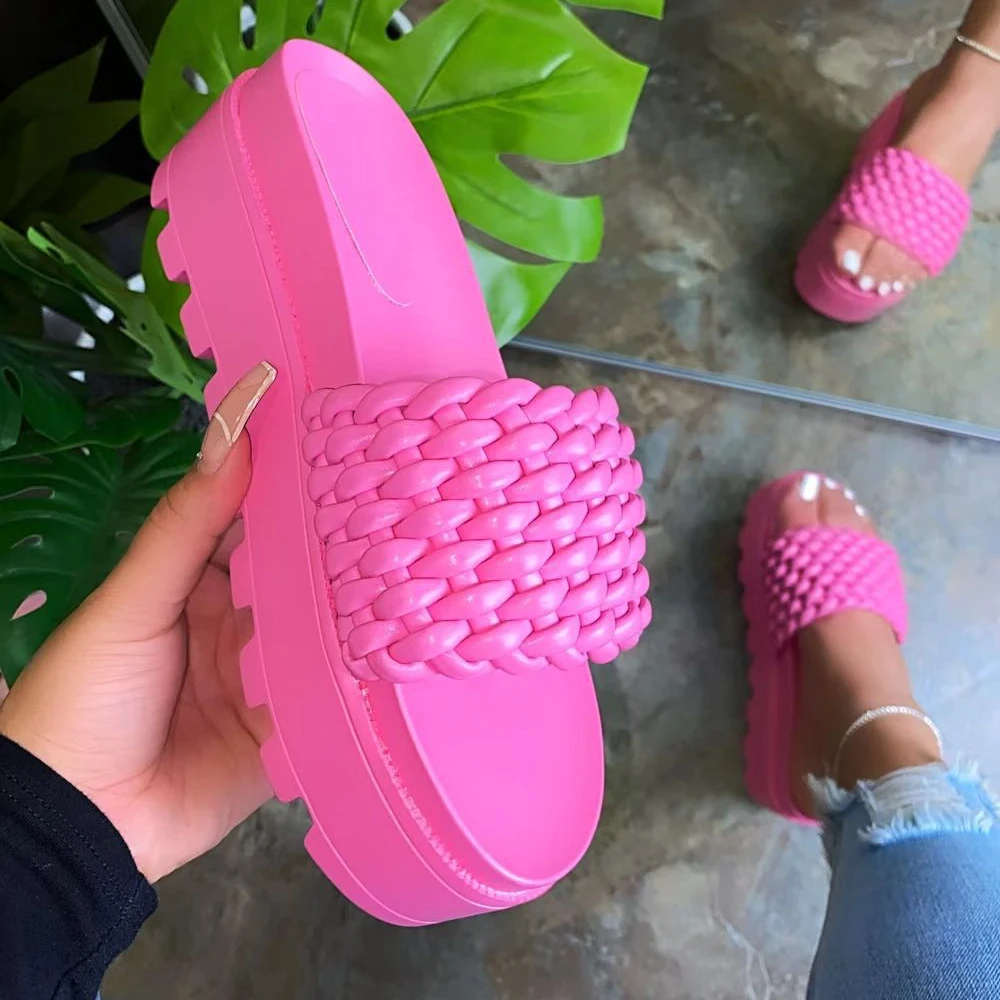
2021 new summer solid color slippers increase woven shoes platform women sandals 
