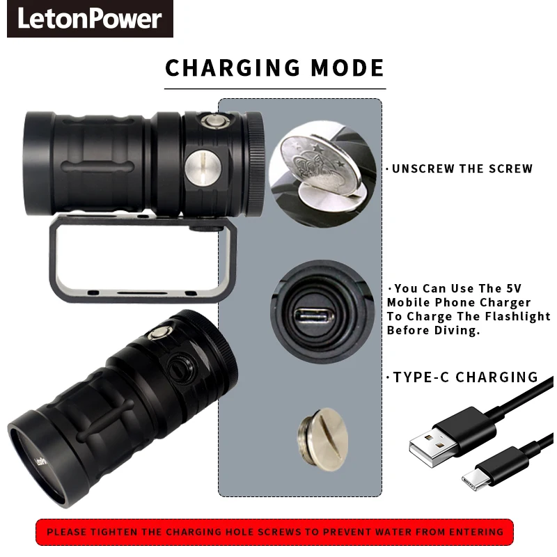 10000 Lumen Diving Light Type-C rechargeable diving flashlight Suitable for underwater diving adventures