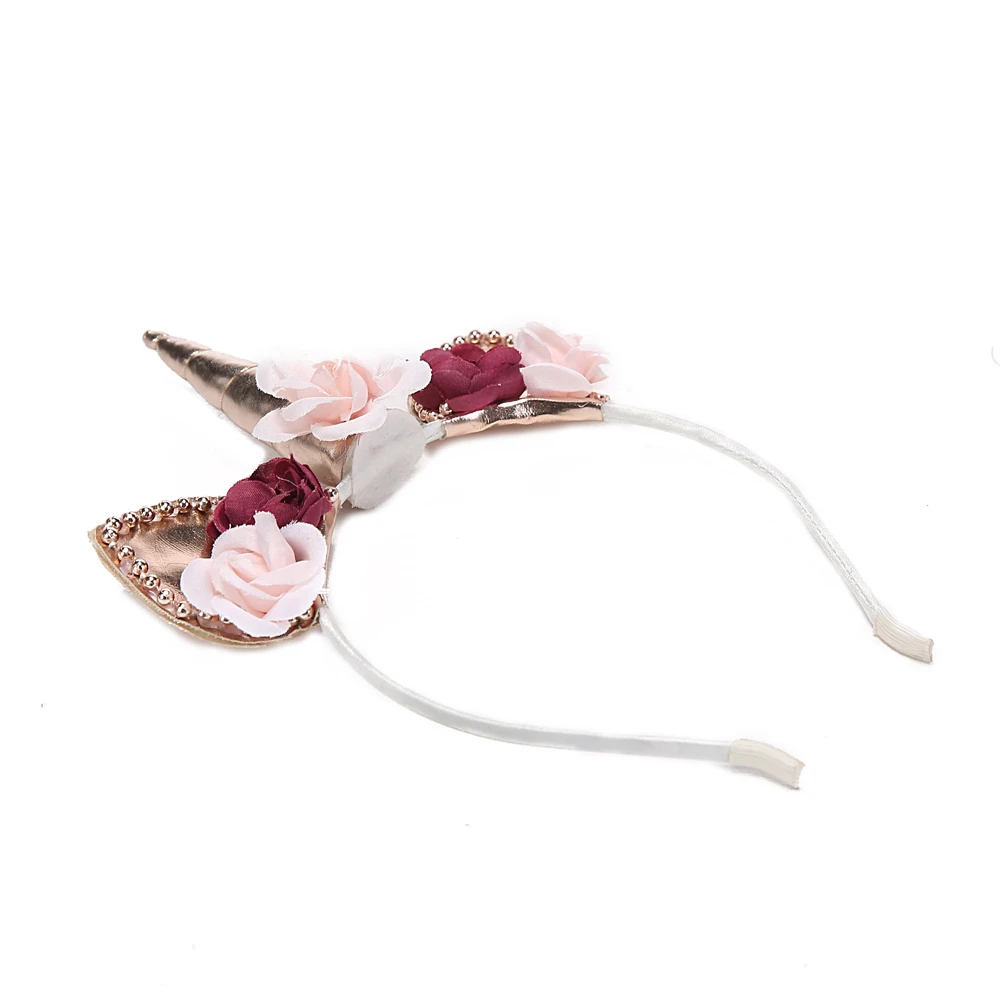 Handmade fox ears with pearls hairband rose gold unicorn hair band artificial flower headband