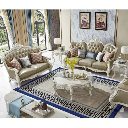 Hotel Furniture Foshan Wood Carving Antique Furniture Set 1+2+3 Wooden Villa Uae Middle East Living Room Sofa