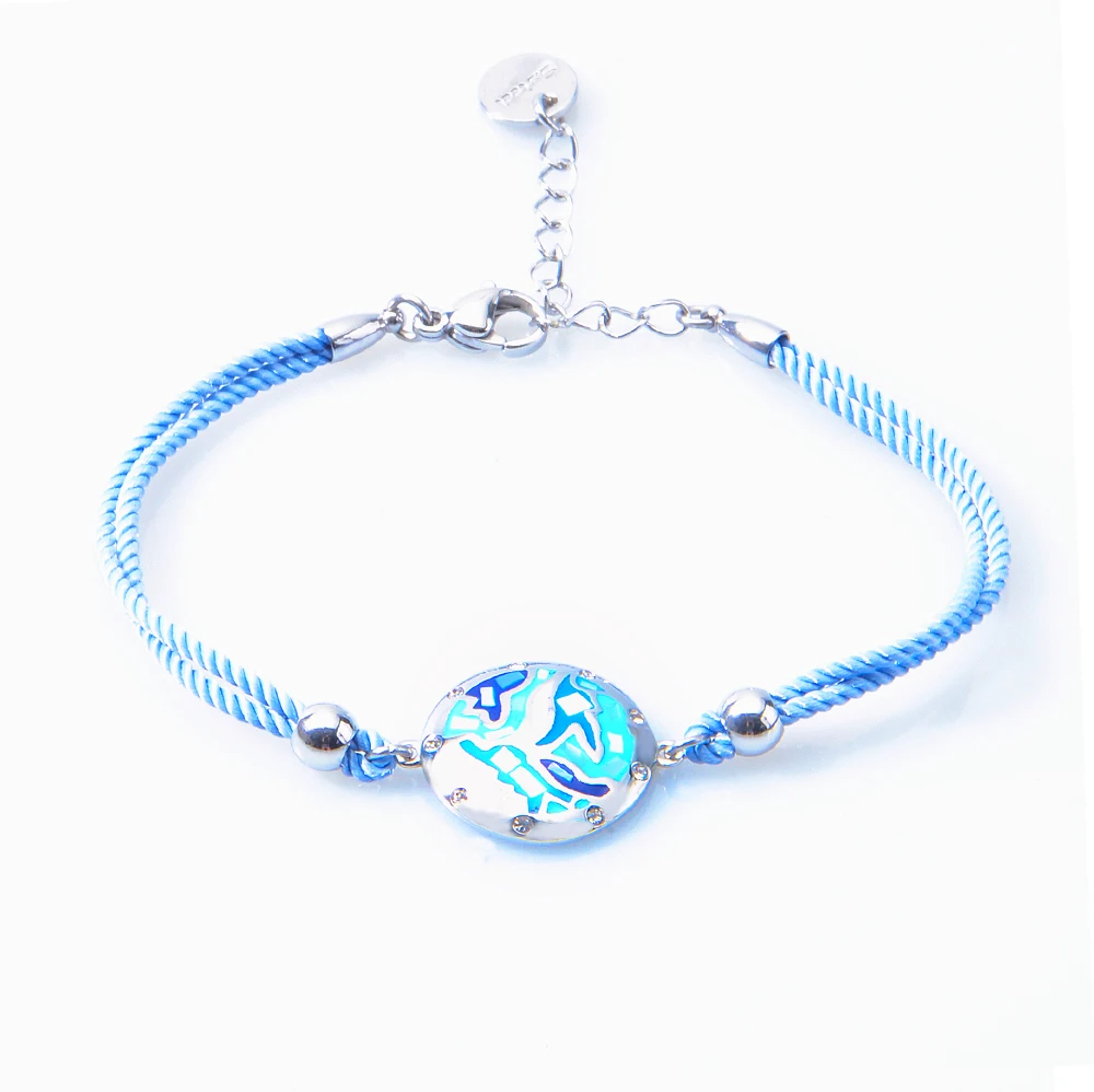 Creative Holiday Gift Stainless Steel Jewelry Blue Enamel Women Bracelet  Mother of pearl Adjustable Cotton Rope Bracelet