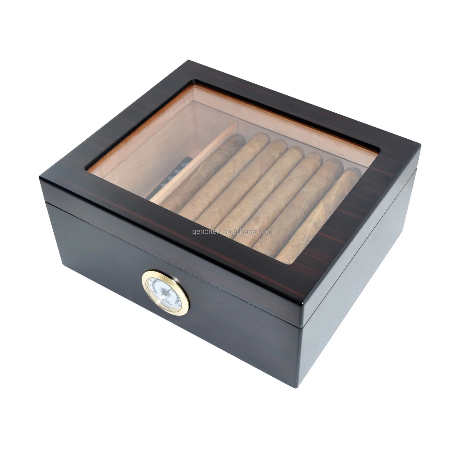 Wholesale Custom Portable Cedar Wood Cigar Case 25-50 Count Luxury Tempered  Glass Top  Wooden Cigar Humidor