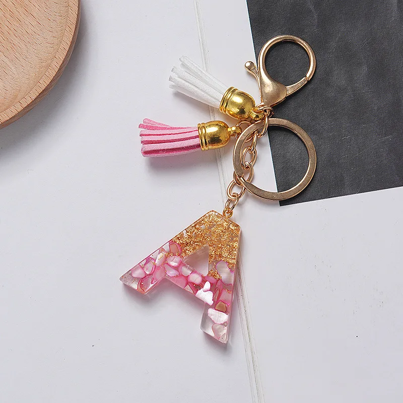 Fashion English initial keychains letter With Pink Blue Tassel A-Z Keyring Glitter Stone Fill Resin letter KeyChain charm Gift