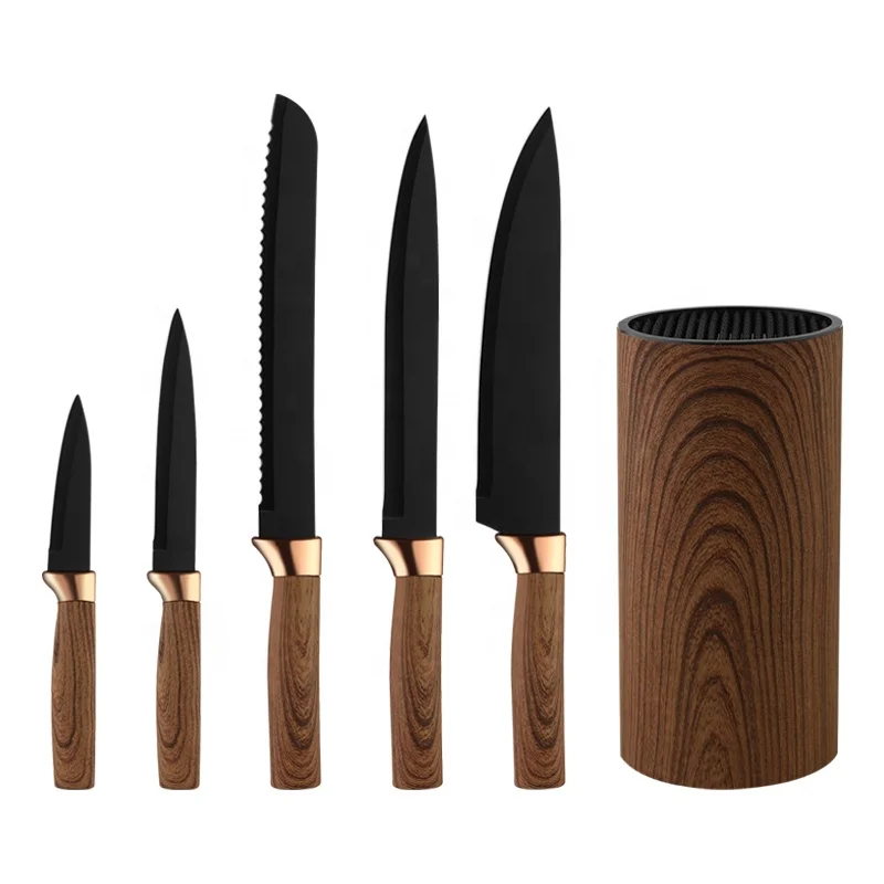 5 pcs Slicer Chef Knife Sets Stainless Steel Wooden Grain Handle Kitchen Knives set With Round Block