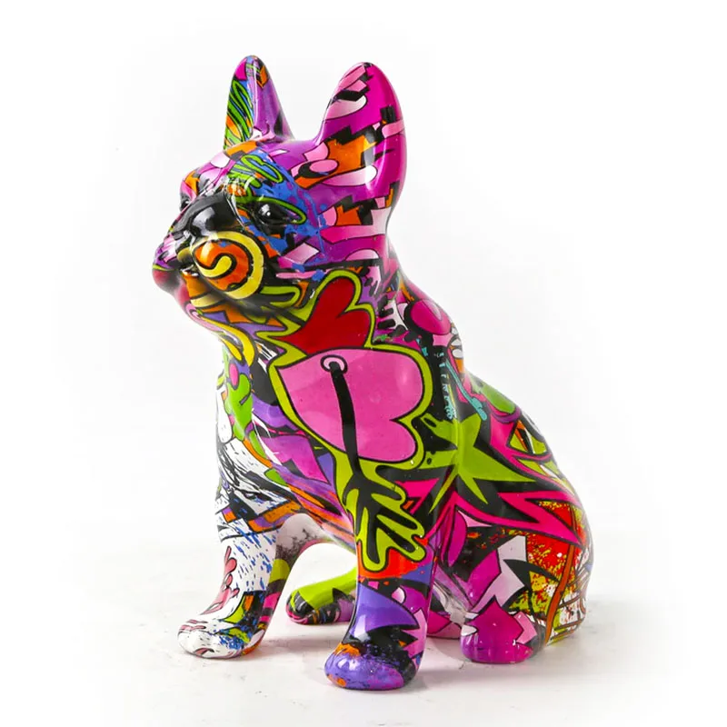 Creative Dog Statue Water Transfer Painted Graffiti Resin French Bulldog Statue For Home Decor