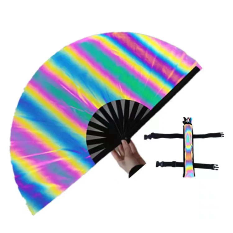 Holographic Large Reflective Hand Fan 33cm Spider Like Reflective Fan High Premium Bamboo Clack Rave Fan For Party Use