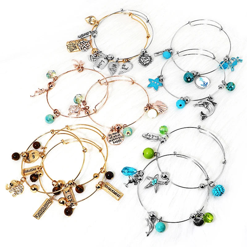 Women Inspiration Jewelry Charm bracelet Silver Gold Plated Heart Alloy Bracelet Expandable Wire Bangle Bracelet