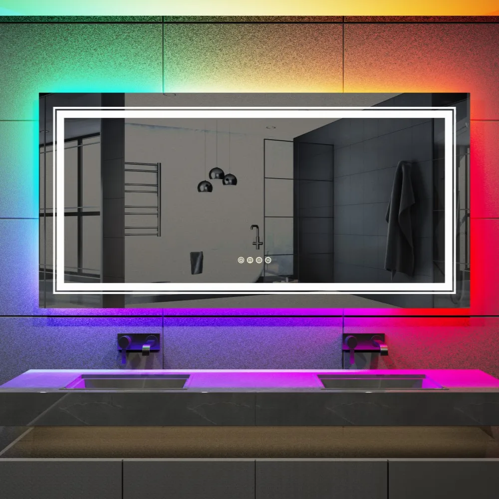 Drop Shipping Large LED RGB Bathroom Mirror Supplier Dynamic RGB Running Color Lights Smart Memory Defog