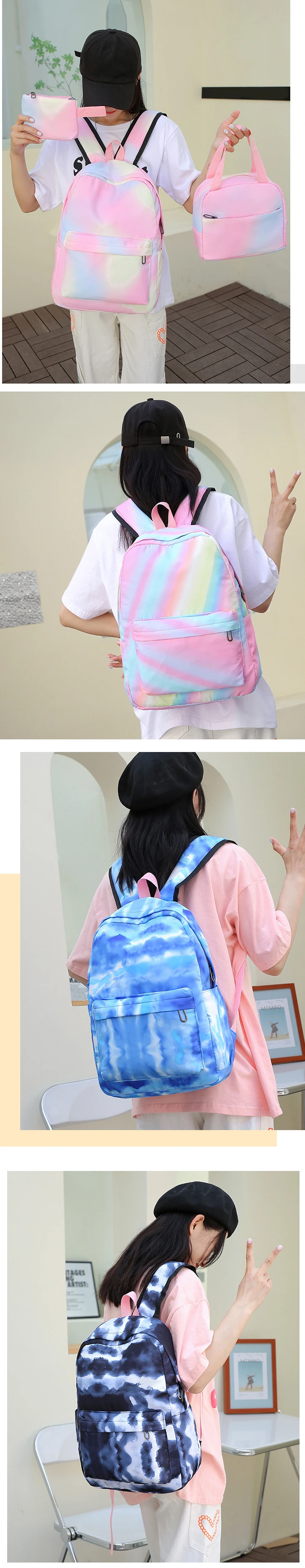 3pcs Set Girls OEM Waterproof School Backpack Lunch and Pencil Bag Included Oxford Style for Teenage Women Polyester Colorful