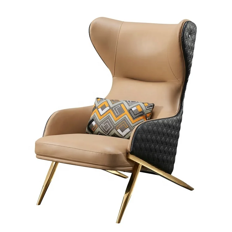 Tan leather living room lounge club wingback chair with metal legs