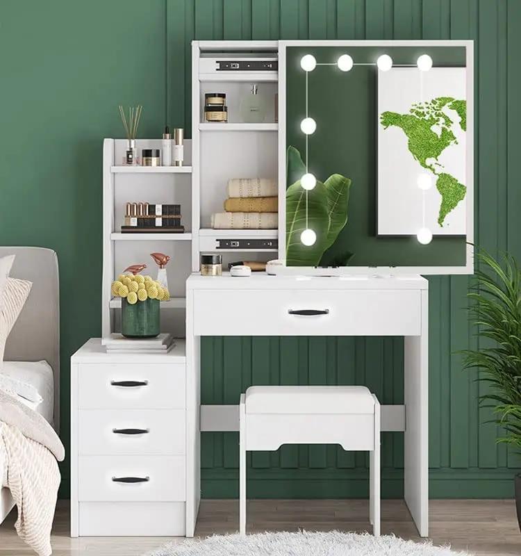 Home Furniture Storage Organizer Cushioned Stool Set Makeup Dresser Desk Vanity Dressing Table with Mirror and Stool