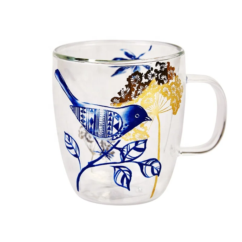 Handmade Chinese Style Chinese Blue Art Custom Mug Double Wall Glass Coffee Milk Cup Coffee Mug With Gift Box